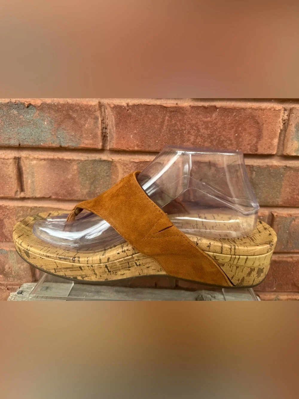 Vionic Marbella Brown Tan Suede Cork Wedge Platform Thong Sandals Women’s Sz 9